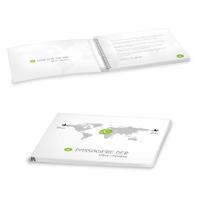 Gästebuch mit Umschlag mit Weltkarte und Flugzeugen in Grün
